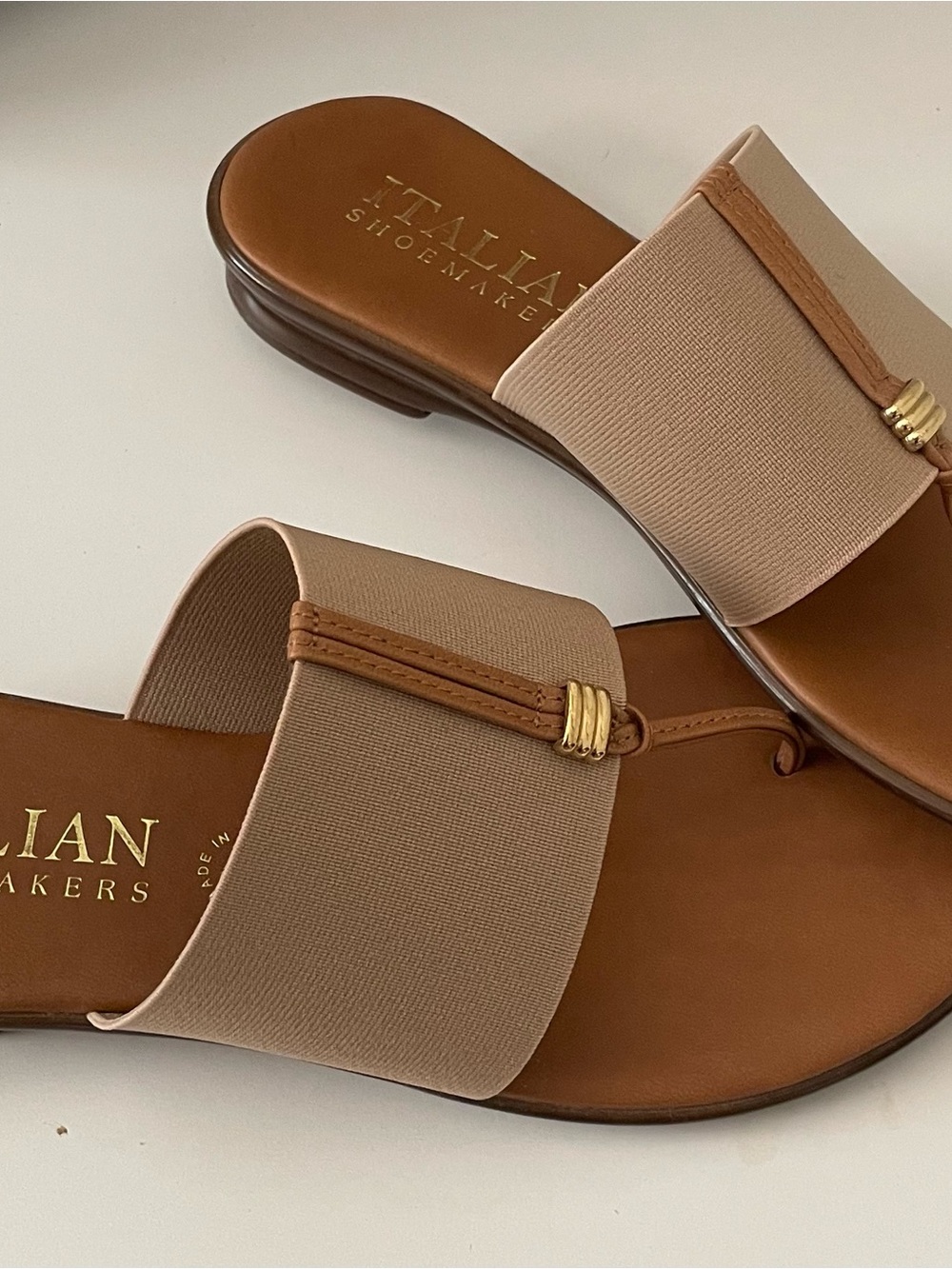 Italian Shoemakers Beige and Brown Slide Sandals with Gold Accent - Picture 2 of 4